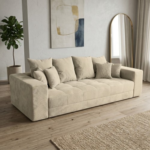 Kremowa sofa MOOD – widok pod kątem, sztruksowa tkanina Poso 105 w salonie