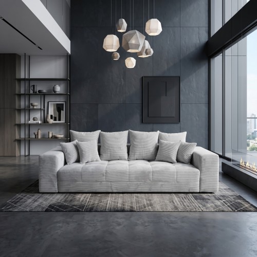 Jasnoszara sofa 3-osobowa MOOD w aranżacji ciemnego salonu