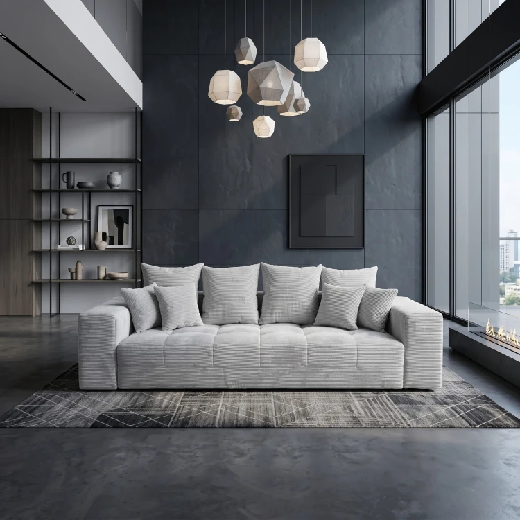 Jasnoszara sofa 3-osobowa MOOD w aranżacji ciemnego salonu