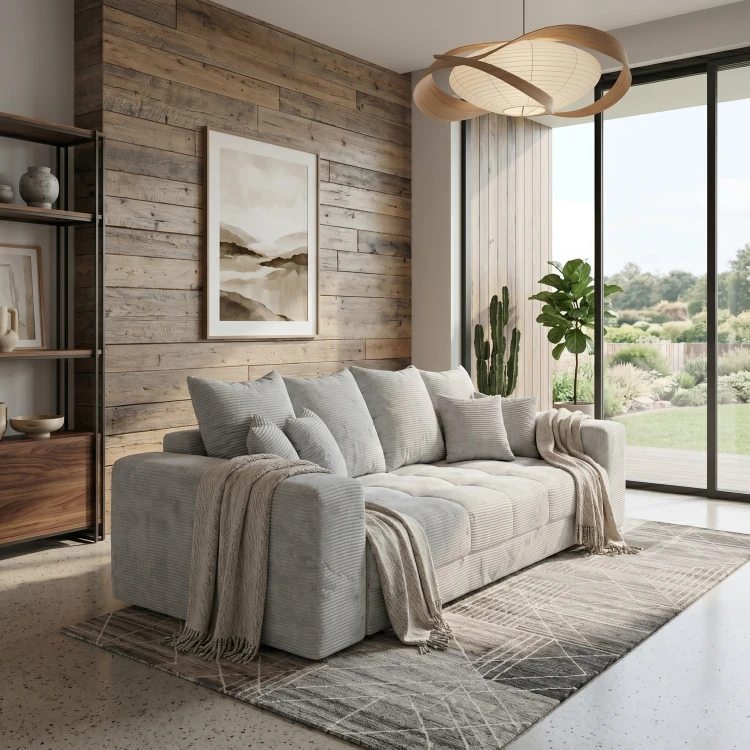 Jasnoszara sofa MOOD – widok pod kątem, sztruksowa tkanina Poso 110 w minimalistycznym wnętrzu