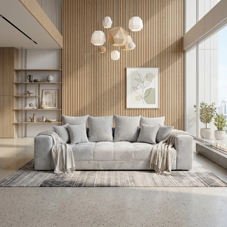 Jasnoszara sofa 3-osobowa MOOD w aranżacji jasnego salonu