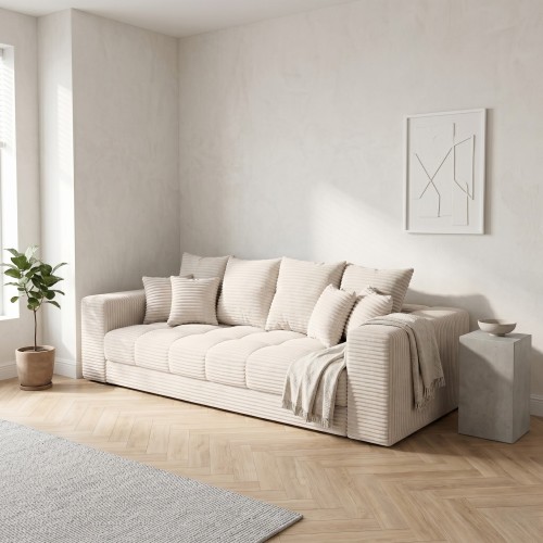 Kremowa sofa MOOD – widok pod kątem, sztruksowa tkanina Tilia 01 w salonie
