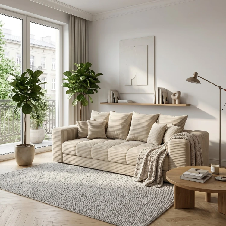 Beżowa sofa MOOD – widok pod kątem, sztruksowa tkanina Tilia 03