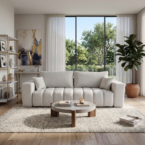 Beżowa sofa z funkcją spania CORA w przytulnej aranżacji salonu