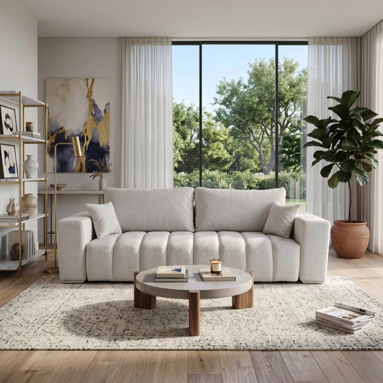 Beżowa sofa z funkcją spania CORA w przytulnej aranżacji salonu