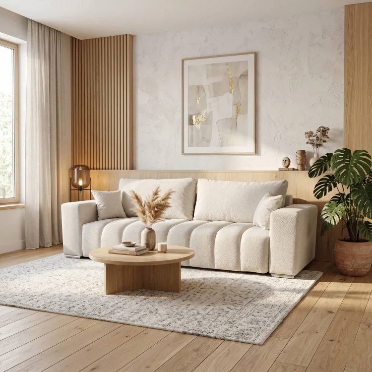 Beżowa sofa z funkcją spania CORA w przytulnej aranżacji salonu