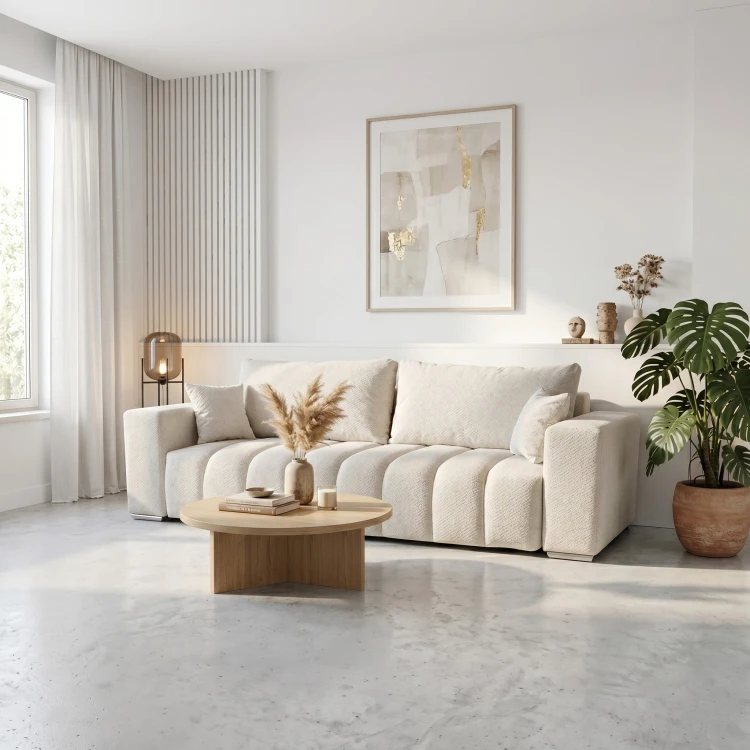 Nowoczesna sofa z funkcją spania CORA w przytulnej aranżacji salonu