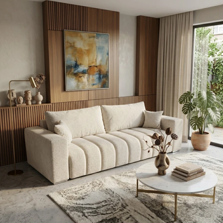Beżowa sofa z funkcją spania CORA w przytulnej aranżacji salonu widok od boku