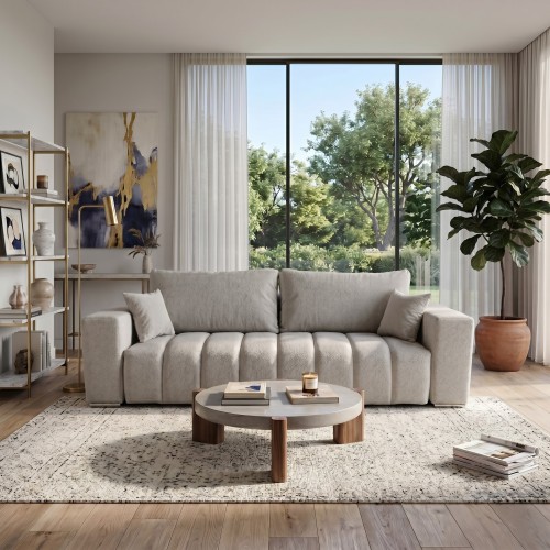 Jasnoszara sofa z funkcją spania CORA w nowoczesnej aranżacji salonu