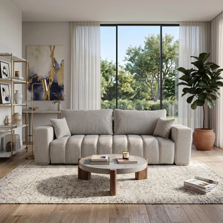 Jasnoszara sofa z funkcją spania CORA w nowoczesnej aranżacji salonu