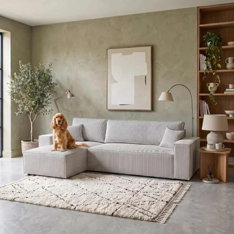Szary narożnik Pet Friendly MILA w aranżacji nowoczesnego salonu z pupilem