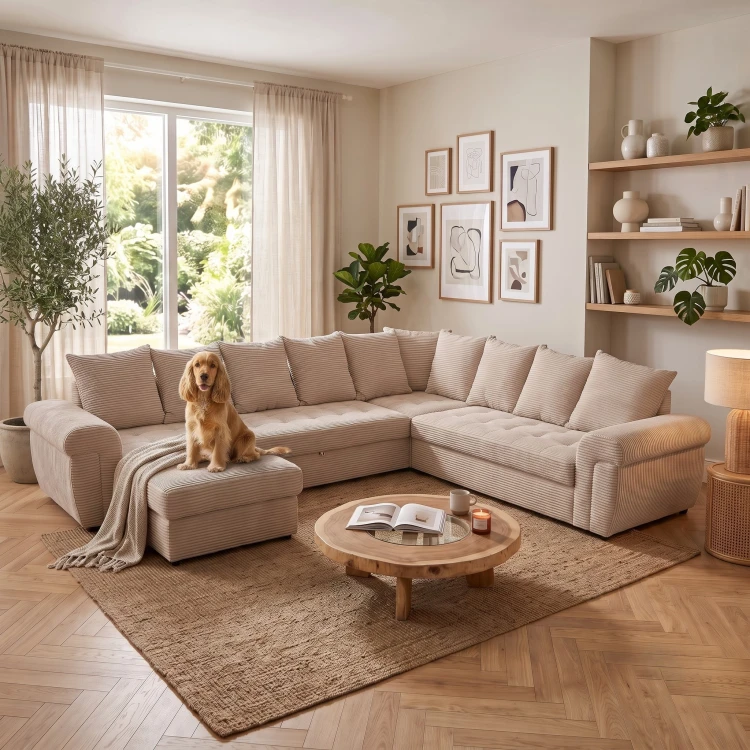Narożnik LARGO Pet Friendly w kształcie U w aranżacji salonu z pupilem na siedzeniu